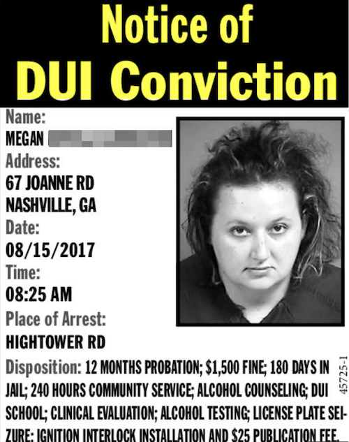2nd DUI legal publication in local newspaper, giving details on the DUI 2nd offense crime. This Notice of Conviction is mandated for any DUI charges second offense in the Peach State, if convicted. Hiring a DUI lawyer with highest attorney ratings is essential.