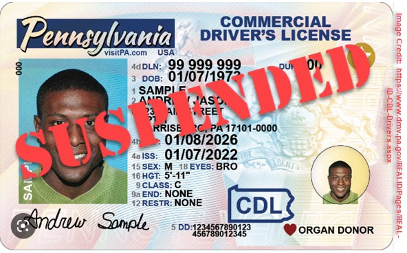 Suspended CDL license image to illustrate the impact of a CMV driver's ability to work, when his or her plastic license has been suspended or revoked.