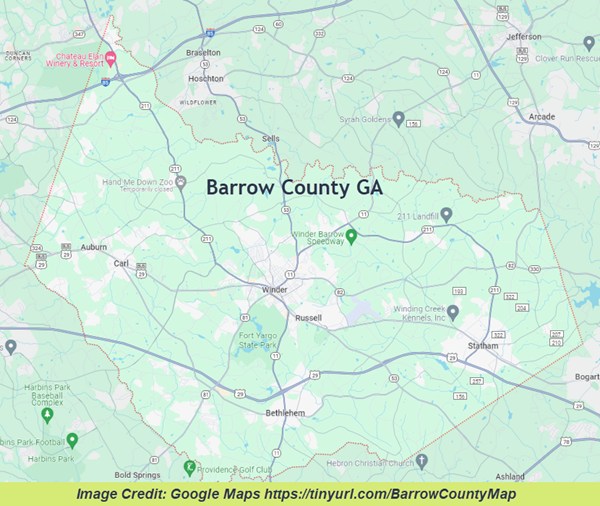 Map showing Barrow County GA and nearby cities in or near the north Georgia county. 