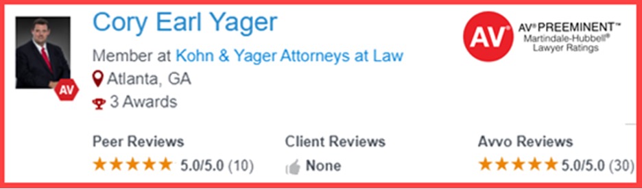 Partner Cory Yager, and ex-police officer, brings a special set of skills to DUI defense from his time as a police field training officer. Rated at Martindale-Hubbell's highest possible rating for over 10 years, his credentials exceed 99% of all Georgia criminal defense attorneys.