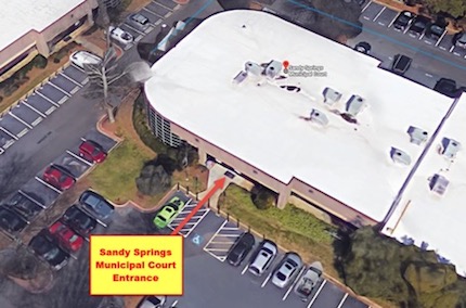 Image showing an aerial view of the Sandy Court Municipal Court Entrance. The street address is 7840 Roswell Road, Suite 501, Sandy Springs GA 30328.