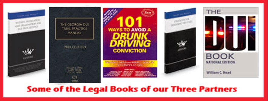 Several of the many legal books of our three law partners, Bubba Head, Cory Yager and Larry Kohn. Think about which criminal attorney in Atlanta you hire, between the guys who WROTE te book, and the person who paid nearly $1000 for it.