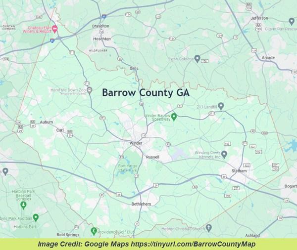 Map showing Barrow County GA and nearby cities in or near the north Georgia county.